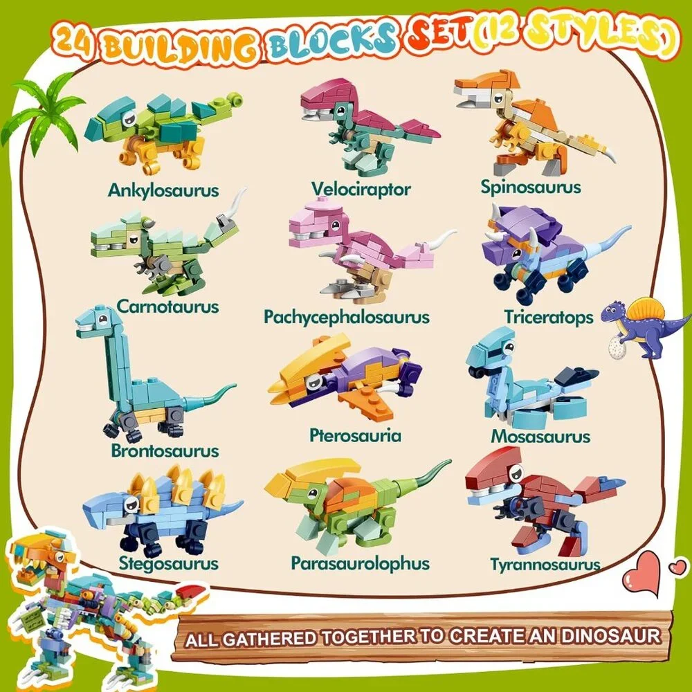 YDP Valentines Day Gifts for Kids - 24Pack Dinosaur Building Blocks with Valenti